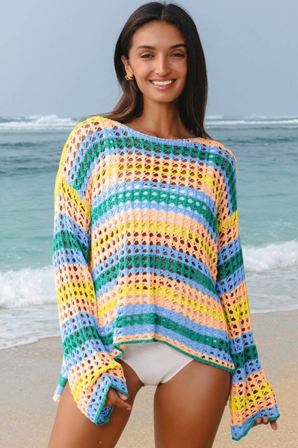 Carrot Multi Stripe Open Knit Sweater Beach Cover Up - Image 5