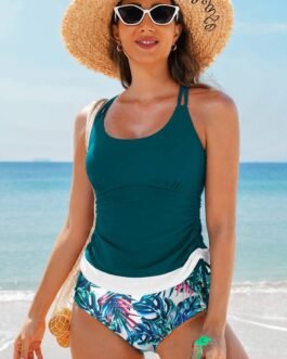 Sea Green Drawstring Tummy Control Mix-and-match 2pcs Tankini Swimsuit