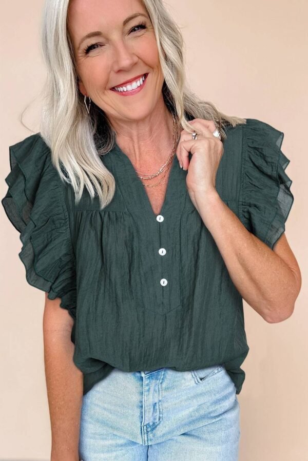 Skobeloff Frilled V Neck Ruffled Cap Sleeve Blouse - Image 2