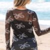 Black Round Neck Bow Print Long Sleeve Mesh Top
