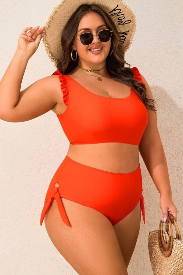 Orange Ruffled Trim Knotted High Waist Plus Size Bikini Set - Image 3