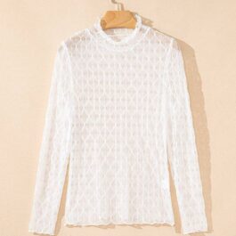 Beige Sheer Mesh Patterned Lettuce Trim Slim Long Sleeve Top