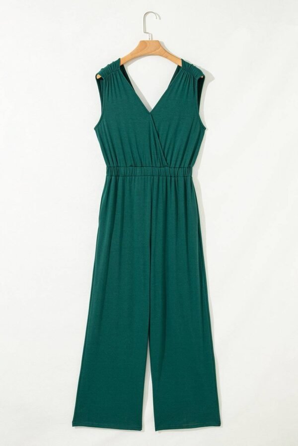 Blackish Green Deep V Pleated Crisscross Wide Leg Backless Jumpsuit - Image 5