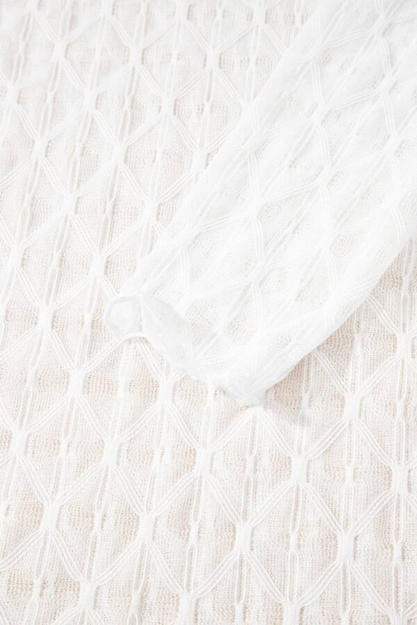 Beige Sheer Mesh Patterned Lettuce Trim Slim Long Sleeve Top - Image 6