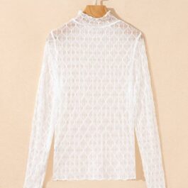 Beige Sheer Mesh Patterned Lettuce Trim Slim Long Sleeve Top