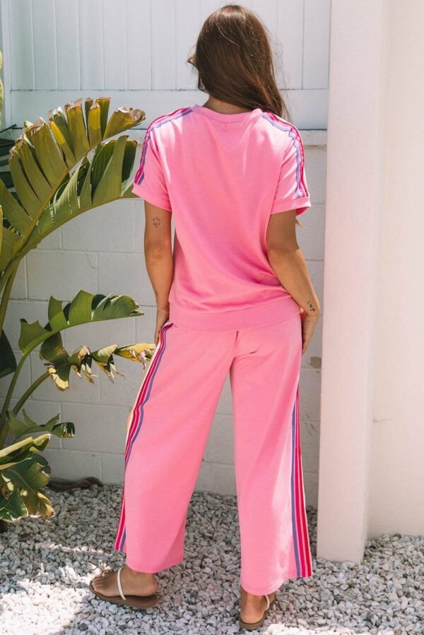 Bonbon Color Contrast Crewneck T Shirt and Wide Leg High Waist Pants Set - Image 10
