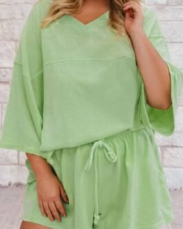 Meadow Mist Green Plus Size V Neck Drop Shoulder Tee Loose Shorts 2pcs Outfit