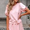 Light Pink Puff Sleeve Pearl Embellished Scallop Trim Top 2 Piece Skort Set