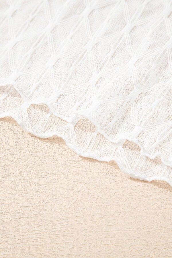 Beige Sheer Mesh Patterned Lettuce Trim Slim Long Sleeve Top - Image 9