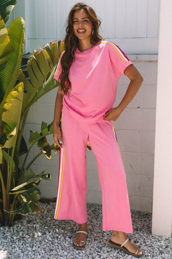 Bonbon Color Contrast Crewneck T Shirt and Wide Leg High Waist Pants Set - Image 9