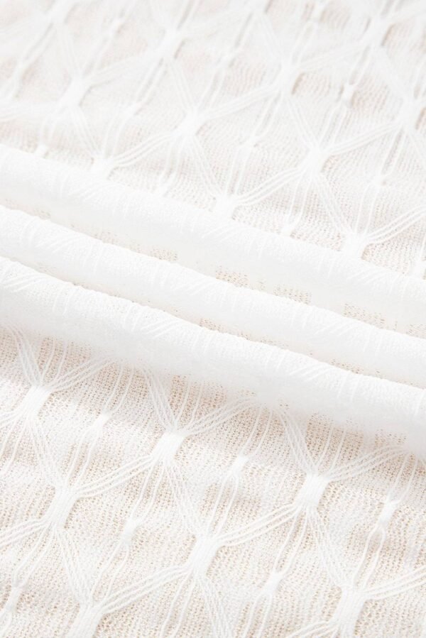 Beige Sheer Mesh Patterned Lettuce Trim Slim Long Sleeve Top - Image 8