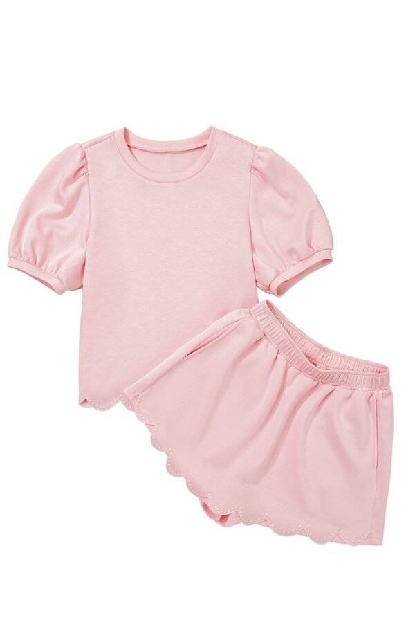Light Pink Puff Sleeve Pearl Embellished Scallop Trim Top 2 Piece Skort Set - Image 12