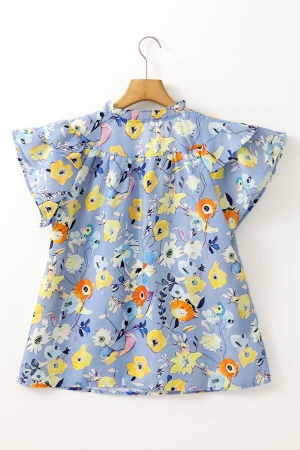 Sky Blue Flutter Sleeve V Neck Floral Top - Image 5