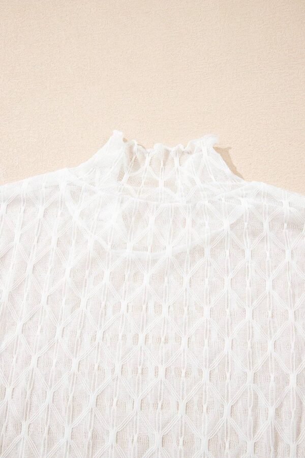 Beige Sheer Mesh Patterned Lettuce Trim Slim Long Sleeve Top - Image 7