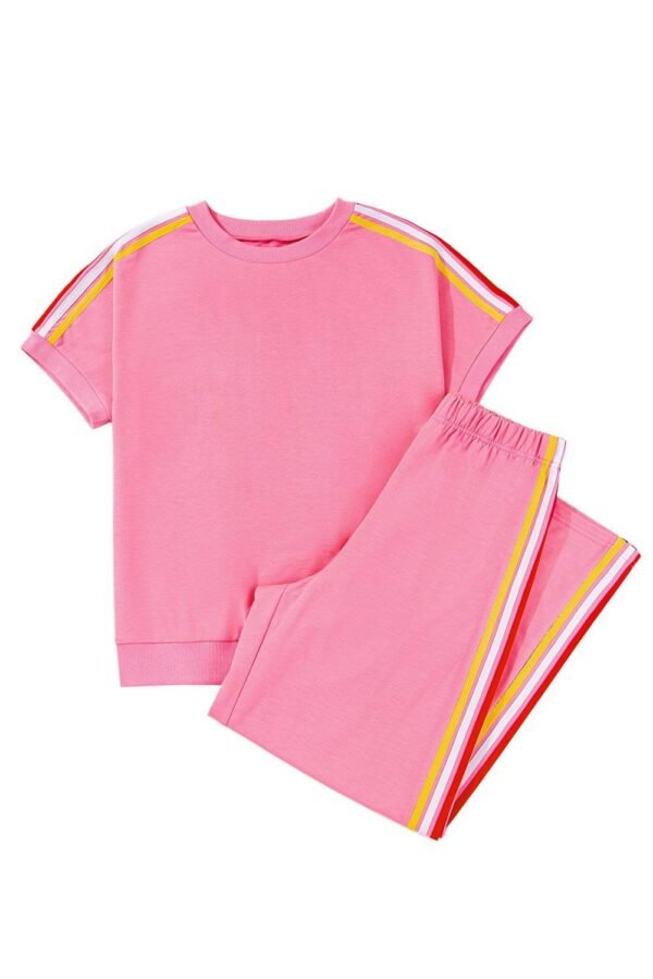 Bonbon Color Contrast Crewneck T Shirt and Wide Leg High Waist Pants Set - Image 18