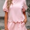 Light Pink Puff Sleeve Pearl Embellished Scallop Trim Top 2 Piece Skort Set