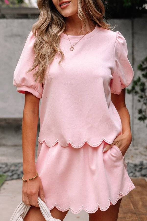 Light Pink Puff Sleeve Pearl Embellished Scallop Trim Top 2 Piece Skort Set - Image 9
