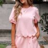 Light Pink Puff Sleeve Pearl Embellished Scallop Trim Top 2 Piece Skort Set