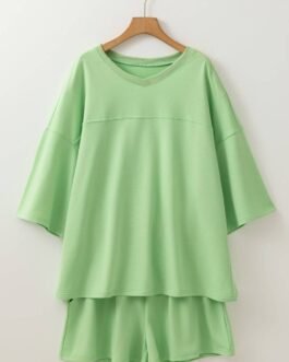 Meadow Mist Green Plus Size V Neck Drop Shoulder Tee Loose Shorts 2pcs Outfit