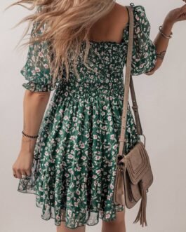 Green Smocked Square Neck Puff Short Sleeve Floral Dress