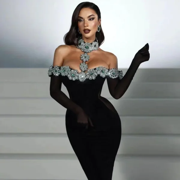 Elegant High Formal Rhinestone Party Wear With Gloves - Image 6