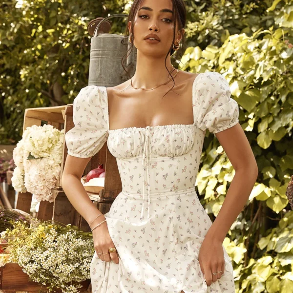 White Floral Split A-line Evening Elegant Dress - Image 6