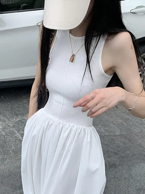 O Neck Sleeveless Slit Casual Dress Solid Color Pleated Dresses - Image 3