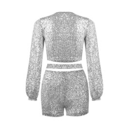 V Neck Sequins Ladies Crop Top With Short Set
