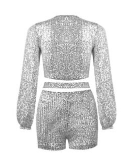 V Neck Sequins Ladies Crop Top With Short Set