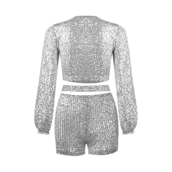 V Neck Sequins Ladies Crop Top With Short Set