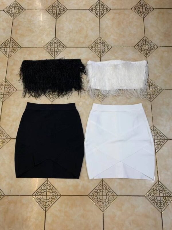 Two Pieces Set Black Mini Skirt With Short Feathers Top Set - Image 4