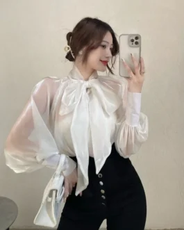Puff Sleeves Top Loose Bow Shirt Women Ladies Blouses