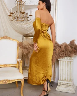 Backless Long Sleeve High Split Party Dress