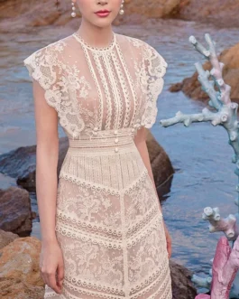 Vietnamese Flower Lace Midi Evening Dress