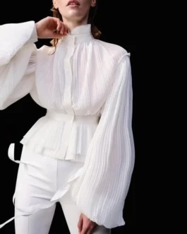 Retro Lantern Sleeve Shirts Pleated Blouse Vintage Shirt