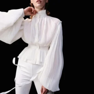 Retro Lantern Sleeve Shirts Pleated Blouse Vintage Shirt