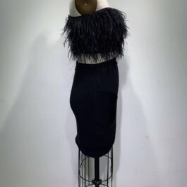 Two Pieces Set Black Mini Skirt With Short Feathers Top Set