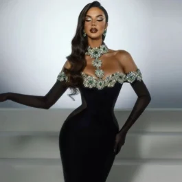 Elegant Rhinestone Party Wear Dress with Gloves | Glamorous Formal Gown