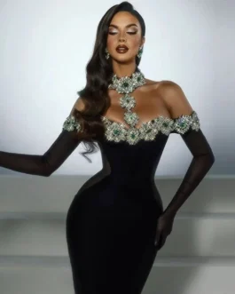 Elegant High Formal Rhinestone Party Wear With Gloves