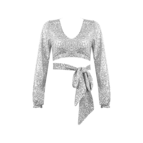 V Neck Sequins Ladies Crop Top With Short Set