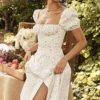 White Floral Split A-line Evening Elegant Dress