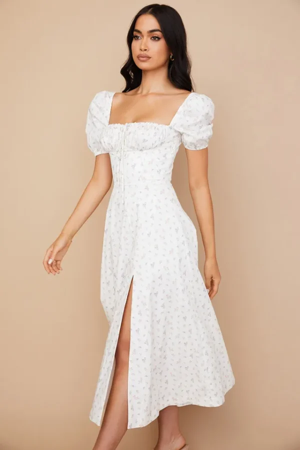 White Floral Split A-line Evening Elegant Dress - Image 5