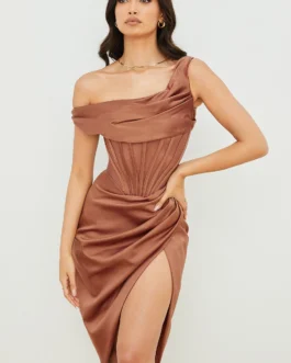 One-shoulder Fishbone Pleated Irregular Split Party Dress