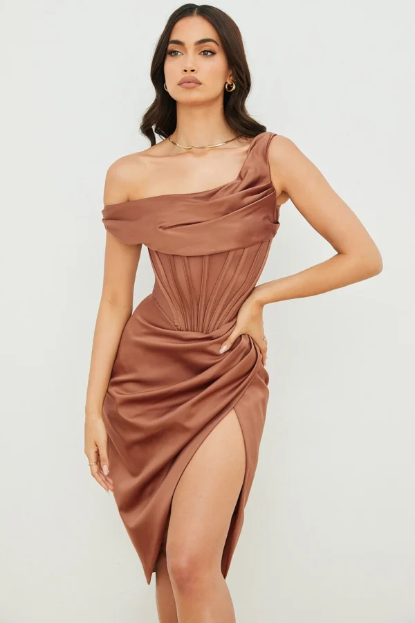 One-shoulder Fishbone Pleated Irregular Split Party Dress