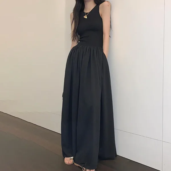 O Neck Sleeveless Slit Casual Dress Solid Color Pleated Dresses - Image 7