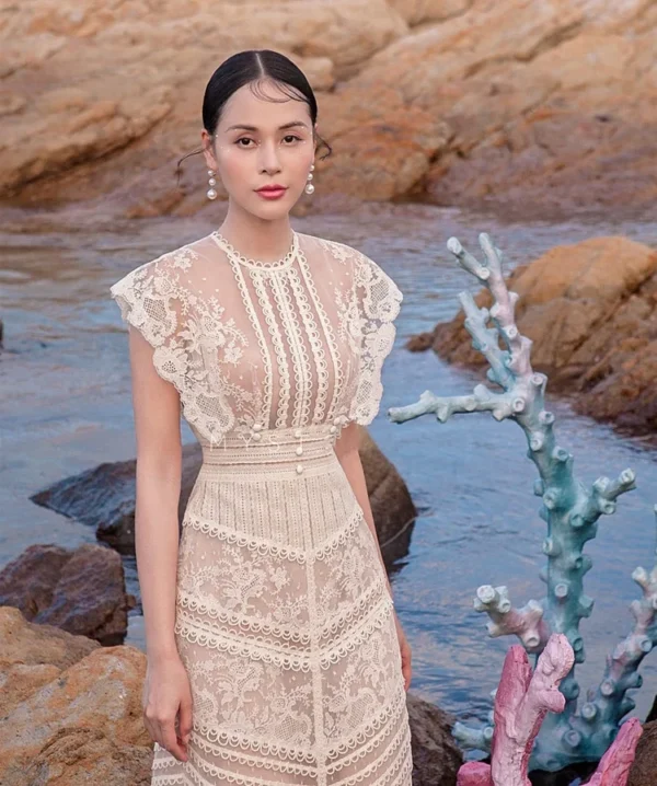 Vietnamese Flower Lace Midi Evening Dress - Image 3