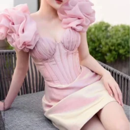 Pink Ruffles Bone Evening Prom Luxury Dress