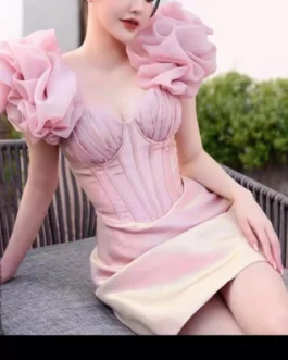 Pink Ruffles Bone Evening Prom Luxury Dress