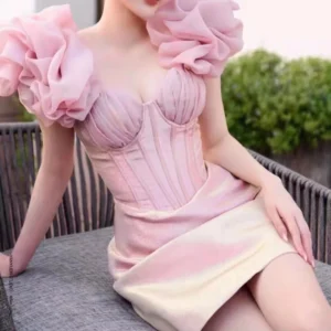 Pink Ruffles Bone Evening Prom Luxury Dress