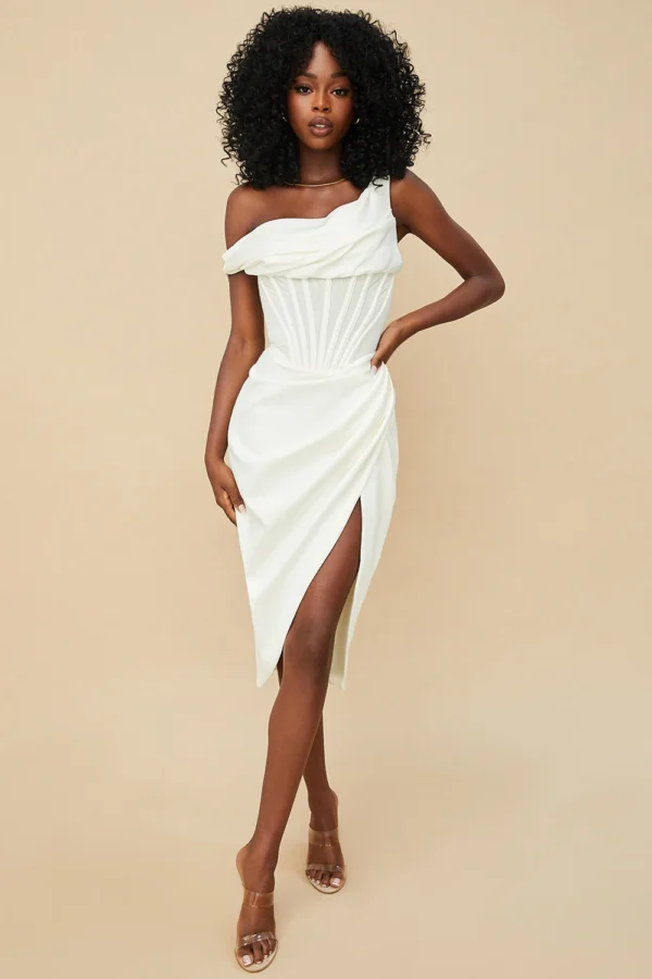 One-shoulder Fishbone Pleated Irregular Split Party Dress - Image 3
